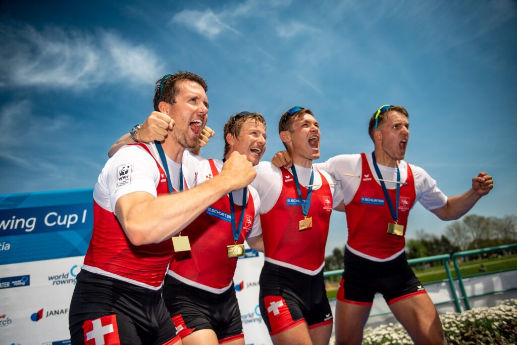 Swiss men's four rowing and winning at 2023 World Rowing Cup I in Zagreb, Croatia.