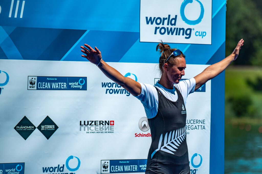 Emma Twigg, New Zealand's women's single sculler NZL W1x, on the World Rowing Cup podium, by Row360.