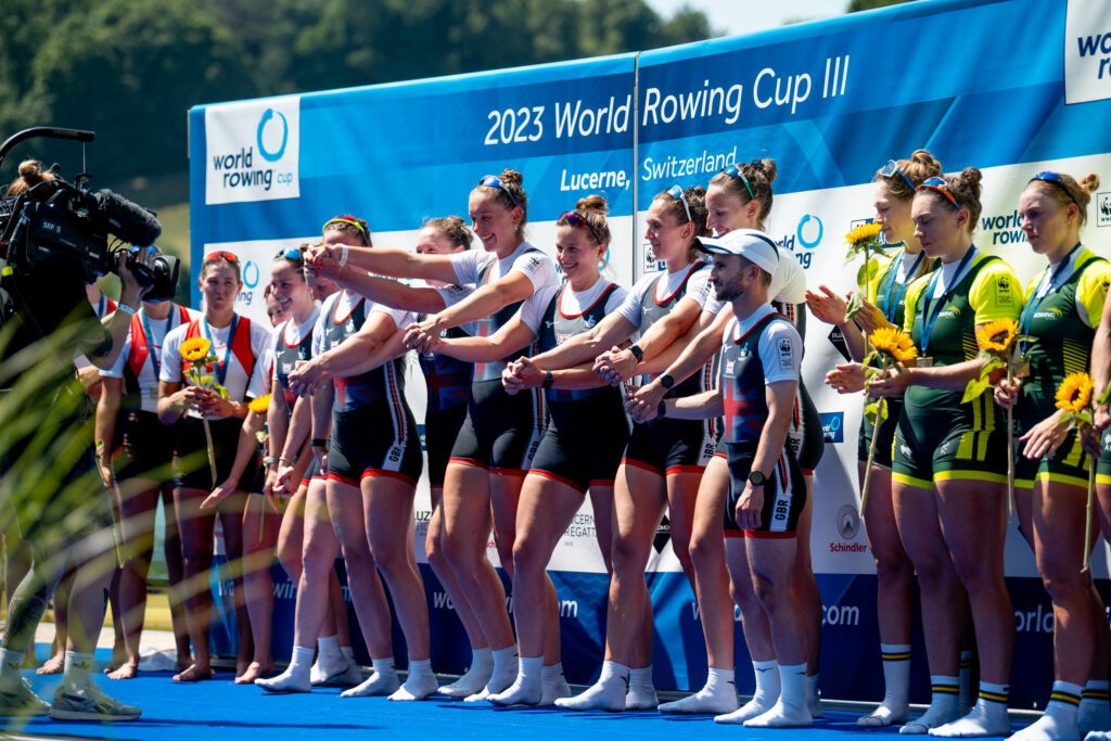 Great Britain's women's eight GBR W8+ on the World Rowing Cup podium, by Row360.