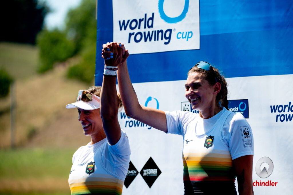 Lithuania women's double scull LTU W2x on the World Rowing Cup podium, by Row360.